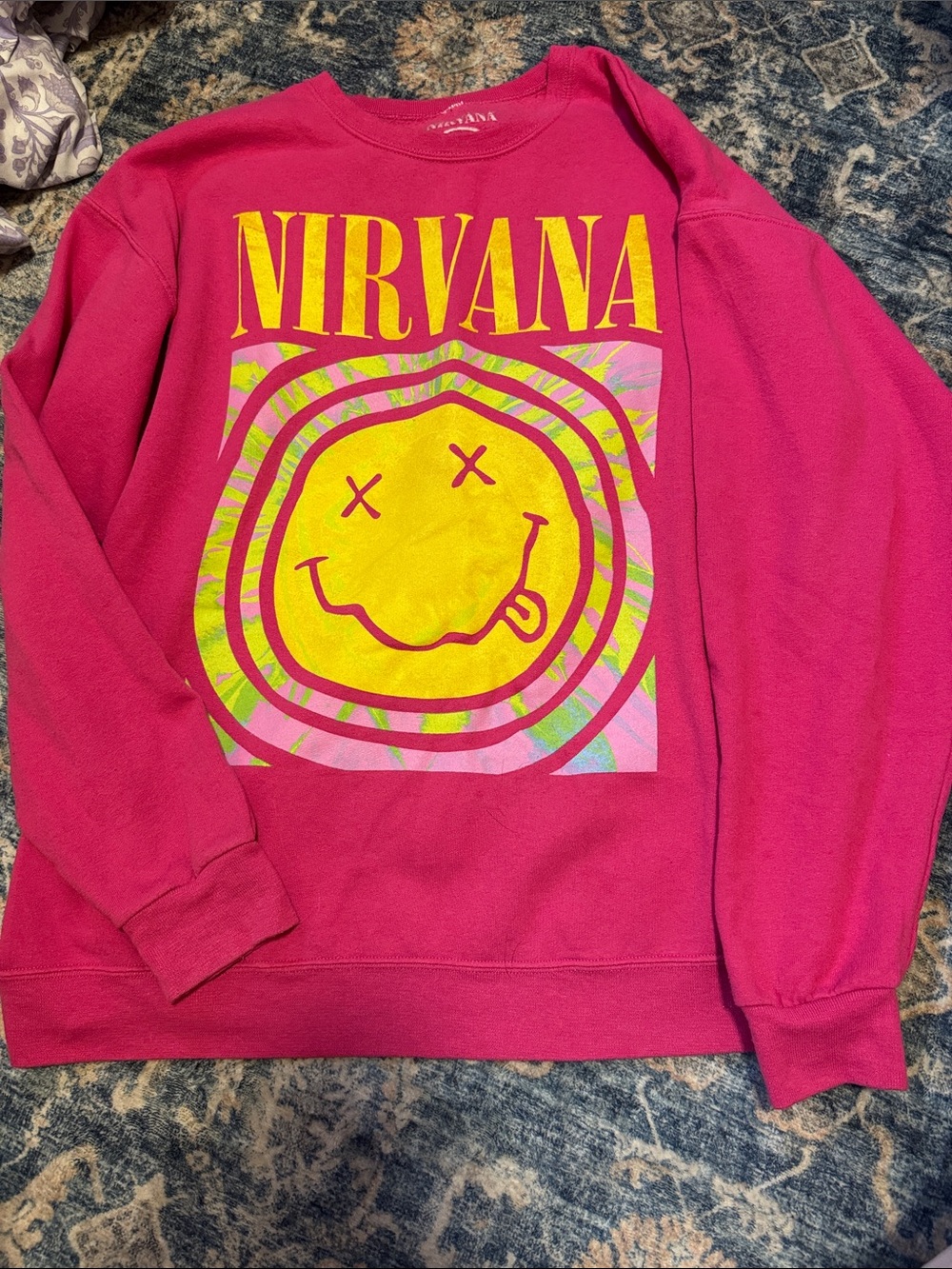 NIRVANA Hot Pink Sweatshirt with Yellow Smiley Graphic
